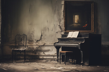 Vintage black piano in the old room
