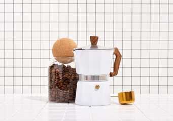 Coffee beans and geyser coffee maker. Morning at home.