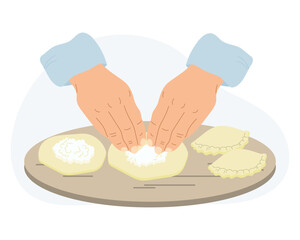 The work of a cook in the kitchen. Illustration of hands with dough. Hands mold pies, dumplings. Food illustration, vector
