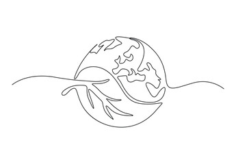 Continuous one line drawing of planet earth and tree leaf. Isolated on white background vector illustration. Pro vector.