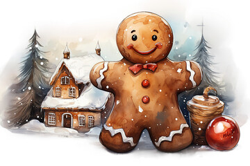 Gingerbread man. Christmas ginger cookie. Watercolor hand drawn illustration isolated on a Transparent background. Generative AI