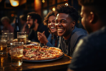 Happy young multinational friends eating pizza in a restaurant - obrazy, fototapety, plakaty
