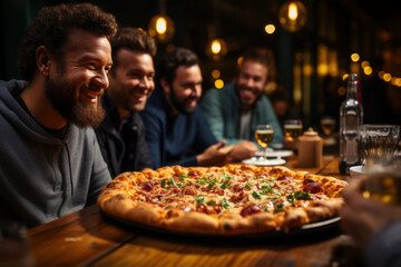 Happy young friends eating pizza in a restaurant - obrazy, fototapety, plakaty