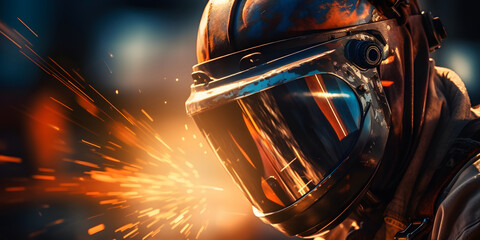 Close-up of Welder at Work  - Industrial Skill, Protective Gear, Sparks Fly, Metal Fabrication, Banner Background