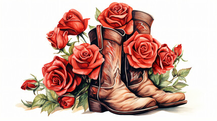 Watercolor Red cowboy boot with red roses white background