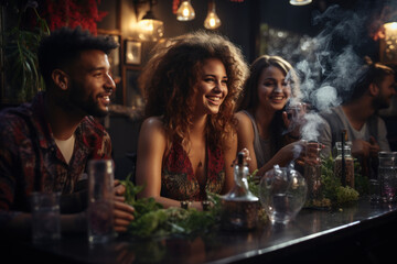Happy young friends smoking hookah in a pub in the evening - obrazy, fototapety, plakaty