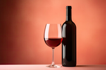 red wine bottle and glass on red bacground, copy space