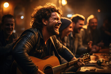 Young bearded male playing the guitar and singing into a microphone in a bar - obrazy, fototapety, plakaty