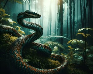 AI generated illustration of a snake coiled up in a green jungle - obrazy, fototapety, plakaty