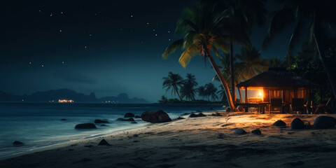 Naklejka premium Tropical beach at night with palms and bungalows. Seascape. Generative AI