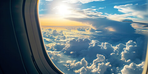 Sky view from an airplane window. White-blue clouds, sun rays. Travel by plane concept. Generative AI - Powered by Adobe