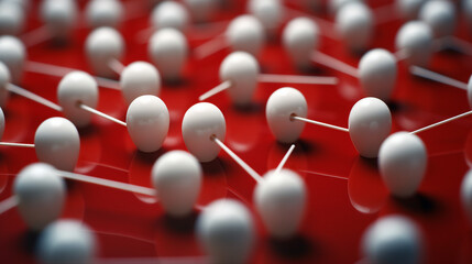 Creative Business Strategy: Red and White Push Pins Connected by Thread Representing Collaboration and Teamwork for Success and Innovation