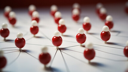 Creative Business Strategy: Red and White Push Pins Connected by Thread Representing Collaboration and Teamwork for Success and Innovation