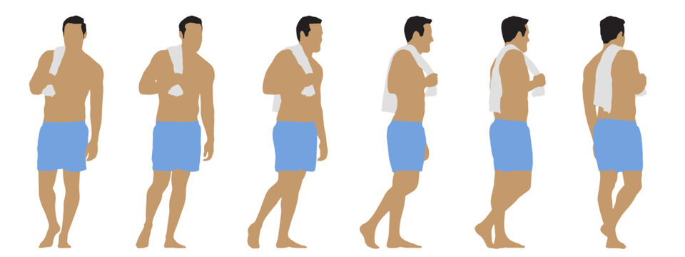 Vector concept conceptual silhouette of a man in  shorts with a towel standing from different perspectives isolated on white background. A metaphor for sport, fitness,  health and wellness, lifestyle