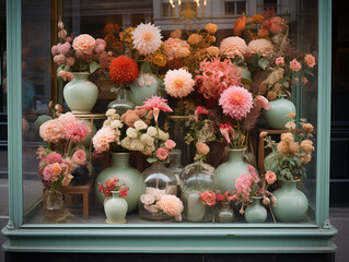 Vintage flower shop window full of colorful blooms. Floral design. Generative AI