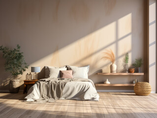 Modern bedroom with warm sunlight and elegant home accessories. Interior design simplicity. Generative AI
