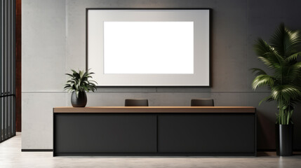 Modern reception area with empty poster frame, minimalist decor. Professional business concept. Generative AI