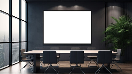 Elegant conference room with cityscape backdrop and modern decor. Business and urban architecture concept. Generative AI