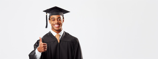 Confident Black graduate giving thumbs up, white backdrop. Encouragement and success concept. Generative AI