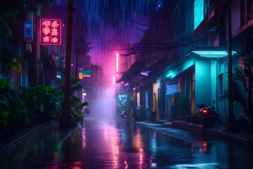 long and lager building standing in neon and dark blue color abstract background 