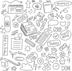 Hand drawn vector doodles. Set of isolated back to school objects and lettering.