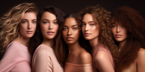Obraz premium Unity concept: A diverse group of women of all skin tones, hair types posing together. A multiculture group standing together. Neutral colour. Women's day banner.