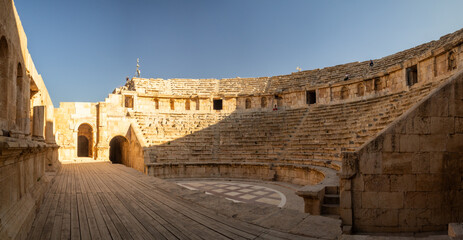 Roman theatre, Jerash Greek and Roman city ruins, tourist area and archeological site