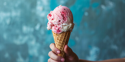 Italian Gelato.  Hand Holding Ice Cream in Waffle Cone on Teal Blue Background. Ice-cream Shop...