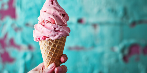 Italian Gelato.  Hand Holding Ice Cream in Waffle Cone on Teal Blue Background. Ice-cream Shop Banner with Copy Space. - obrazy, fototapety, plakaty