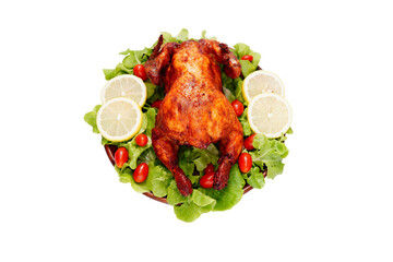 Grilled chicken marinated with mixed herbs, rosemary leaves, black pepper, lemon , seeds, celebration food on a white background