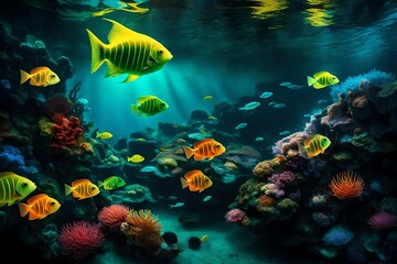 Fototapeta na wymiar multicolor fishes moving under the sea water looking very gorgeous abstract background 