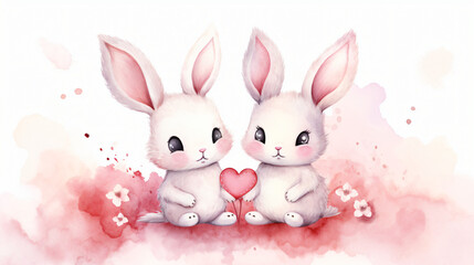 Watercolor cute couple rabbit