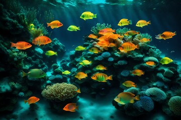 Fototapeta na wymiar multicolor fishes moving under the sea water looking very gorgeous abstract background 