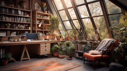 Attic Botanical Office - Cozy Artist’s Nook with Lush Plant Life and Skylight Views