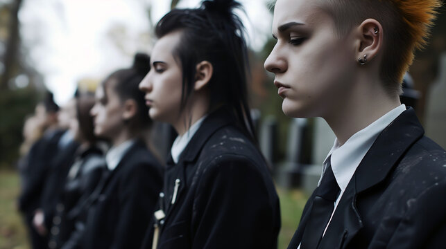 A gothic group or emos in mourning at a cemetery, showcasing punk fashion and solidarity at funeral