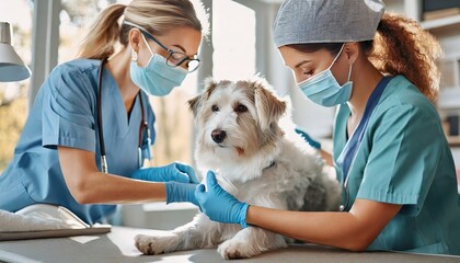 Pets at vetenarian - Background for Vet Clinic - Cat and Dogs Check up and examined. - obrazy, fototapety, plakaty