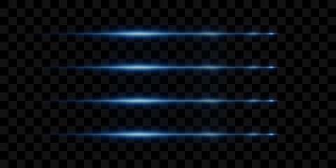 Collection of neon horizontal lines. Light with glare and flash. On a transparent background.