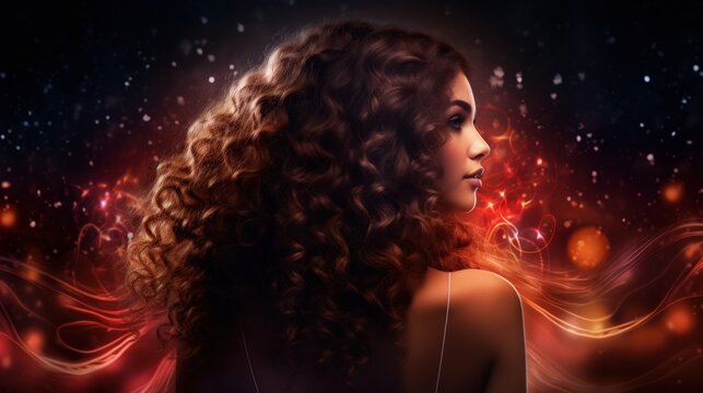 Back view of beauty woman with curly hair over holiday dark background with magic glow