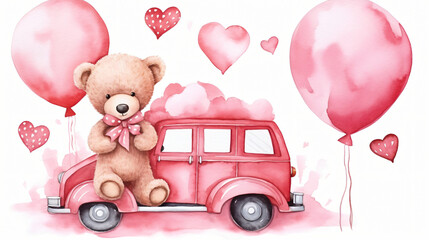 Watercolor of cute bear Valentines day