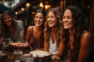 Young women in evening dresses celebrate a birthday in a restaurant, pub.