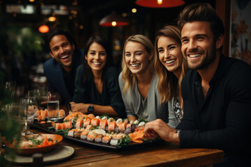 Naklejka premium A beautiful company of young people is celebrating in a restaurant and eating sushi