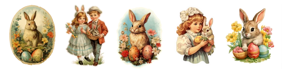 Papier Peint photo Rétro Set of vintage antique style Easter holiday greetings with cute chidren, girl with bunny and and Easter eggs, stickers isolated on transparent background, png file