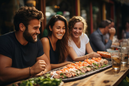 A beautiful company of young people is celebrating in a restaurant and eating sushi