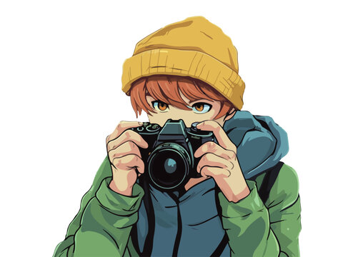 Young man with camera, photographer, vector illustration generative AI