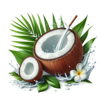 Coconut with leaves isolated transparent PNG background Ai generative.