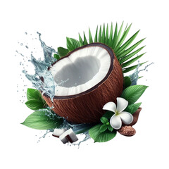 Coconut with leaves isolated transparent PNG background Ai generative. - obrazy, fototapety, plakaty