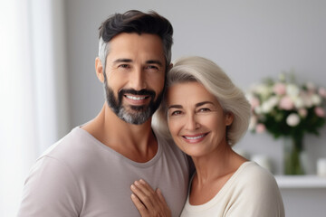 Fototapeta premium Mature mother and adult son smiling together. Concept of enduring family bonds.