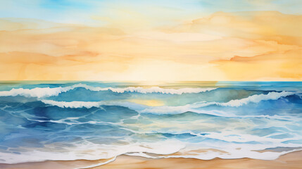 Fototapeta na wymiar Ocean Blue Waves Watercolor Sunny Beach Seascape