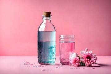 blue glass of water with pink roses placed in the betel abstract background in pink wall color 