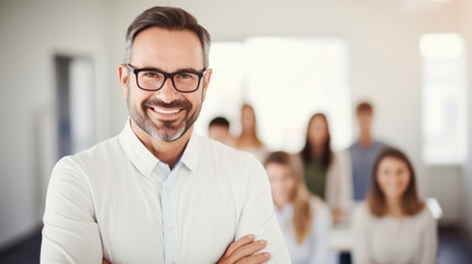 A smiling male teacher stands confidently in a classroom with students blurred in the background.
